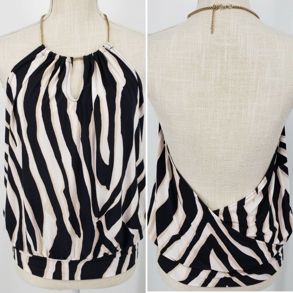 Y2K Express Silky Satin Zebra Print Backless Chain Collar Camisole Halter Top